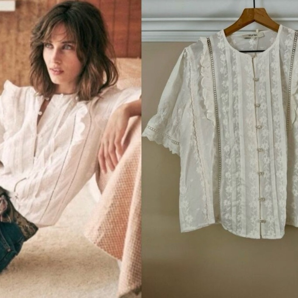 Simple Retro Lace and Floral Embroidered Button-Up Blouse | White | L